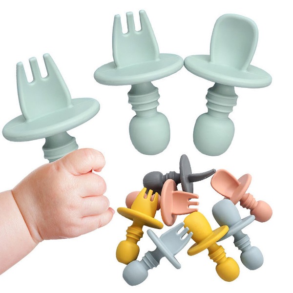 Skin-Friendly Silicone Baby Fork and Spoon of Round Design